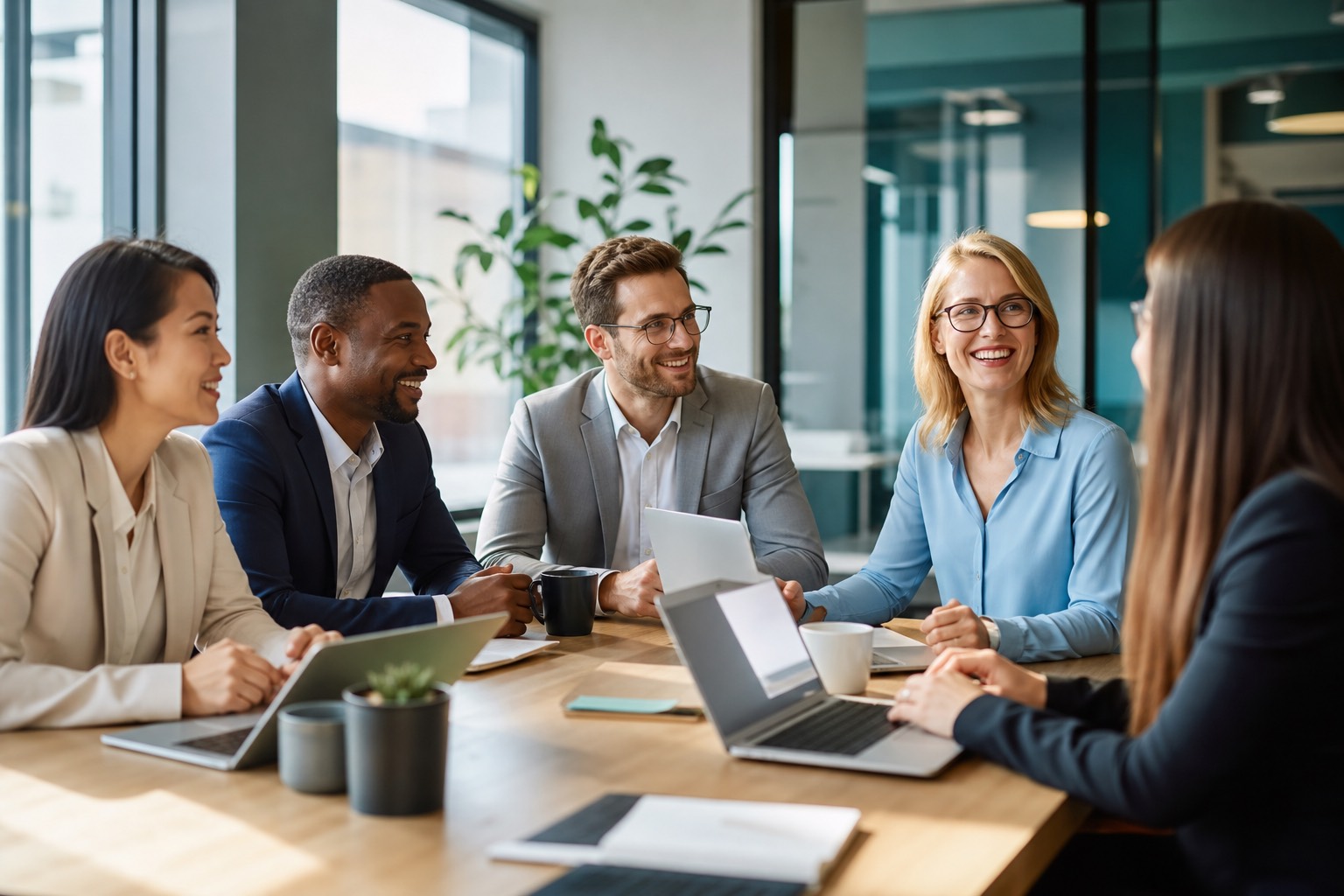 Network-IE team collaborating in a modern office meeting