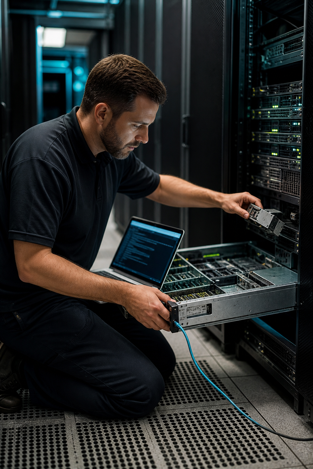 Technician diagnosing and repairing a rack server with a laptop
