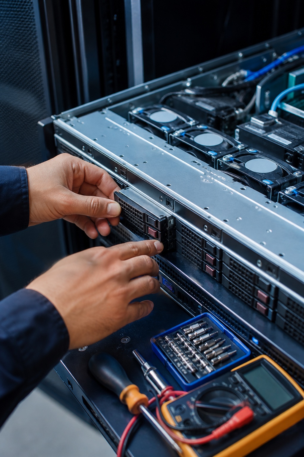 Technician installing compute hardware in an enterprise server rack