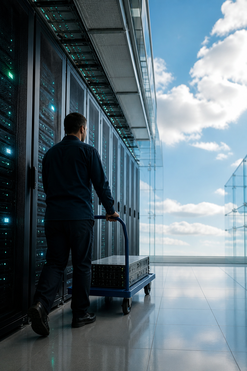 Technicians migrating servers during a data center relocation