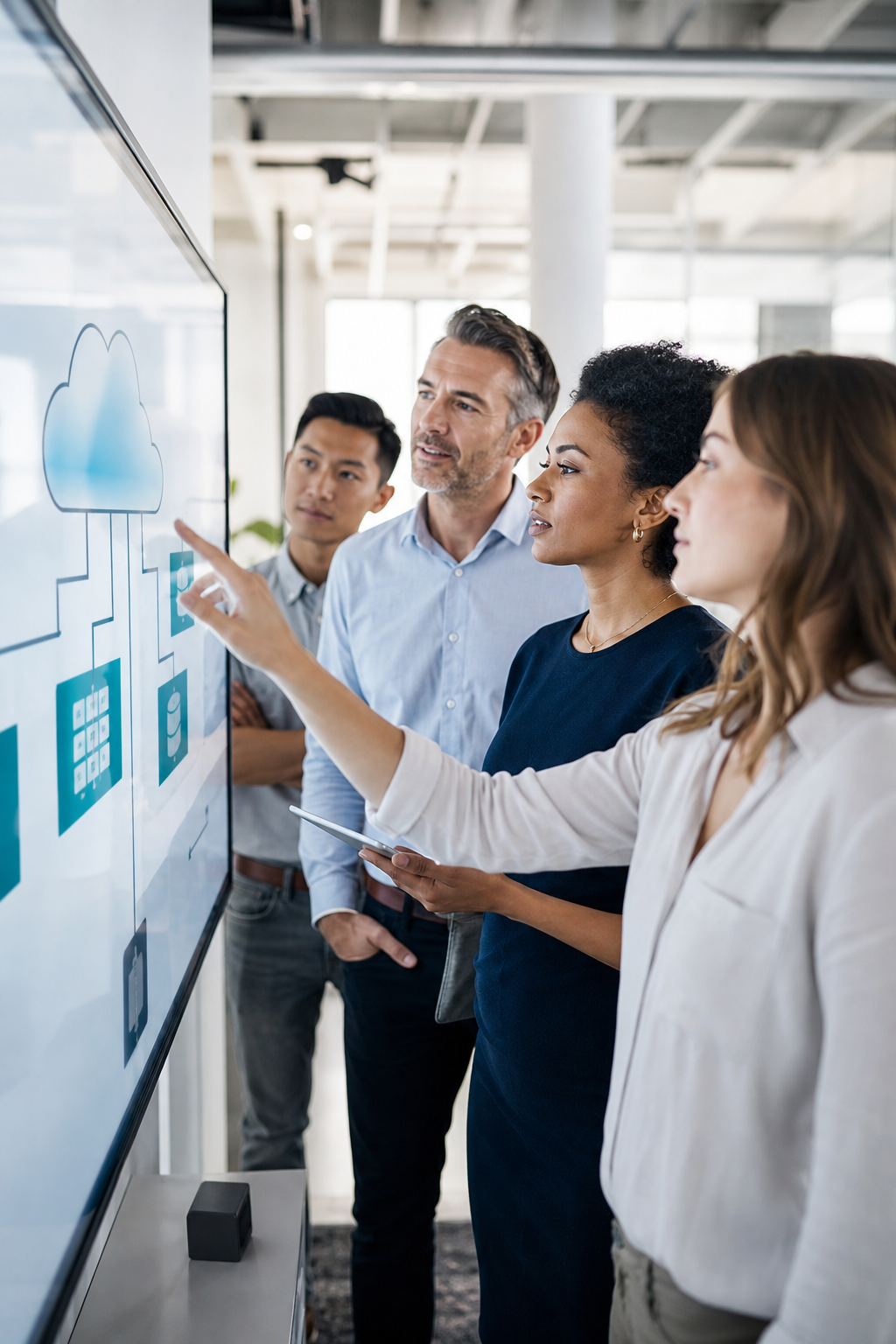 Business team collaborating on cloud solutions for growth
