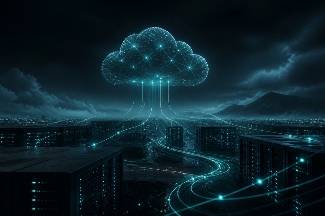 Cloud infrastructure visualization representing hybrid cloud security