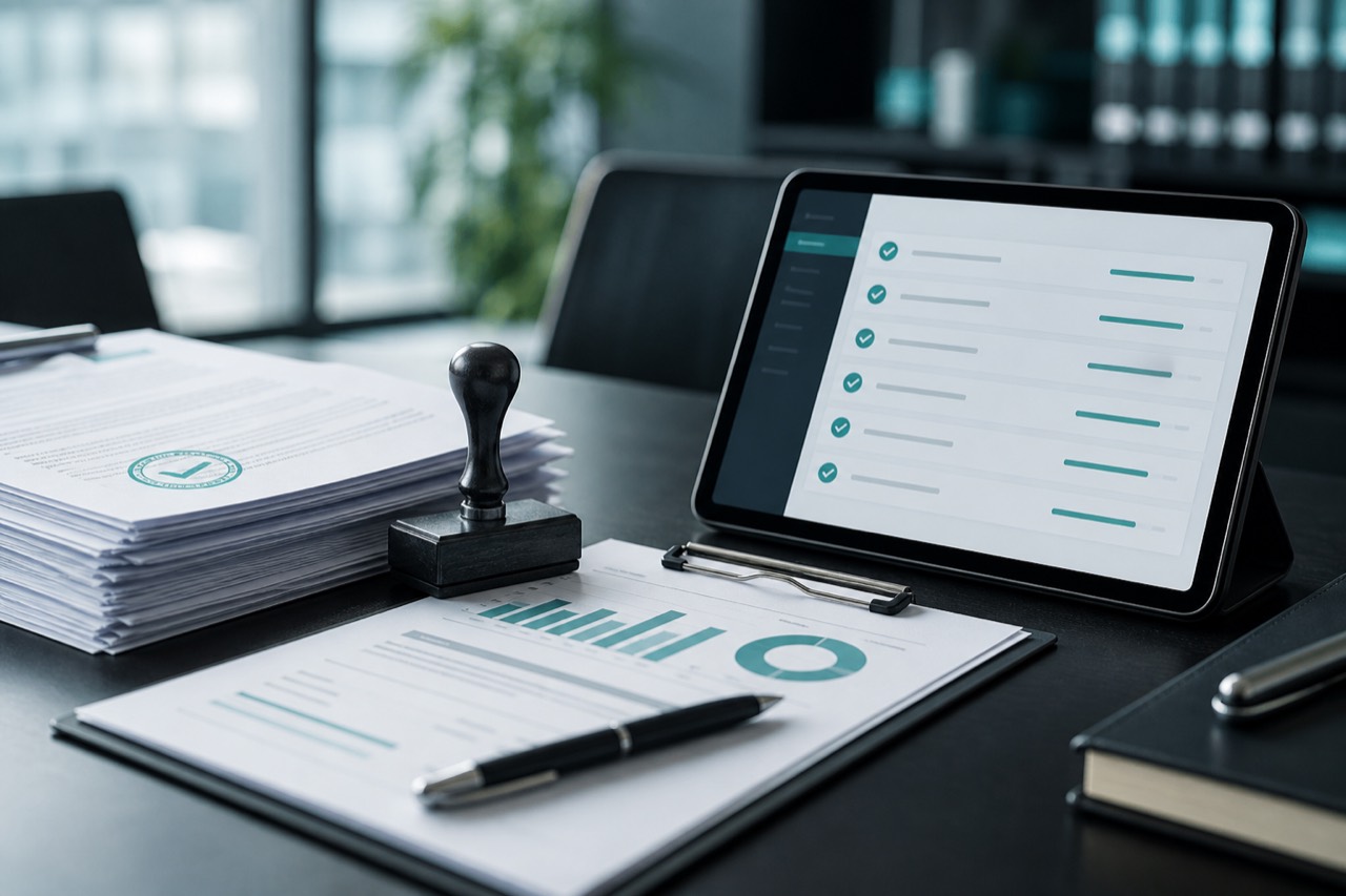 Compliance documentation and audit checklist on a desk