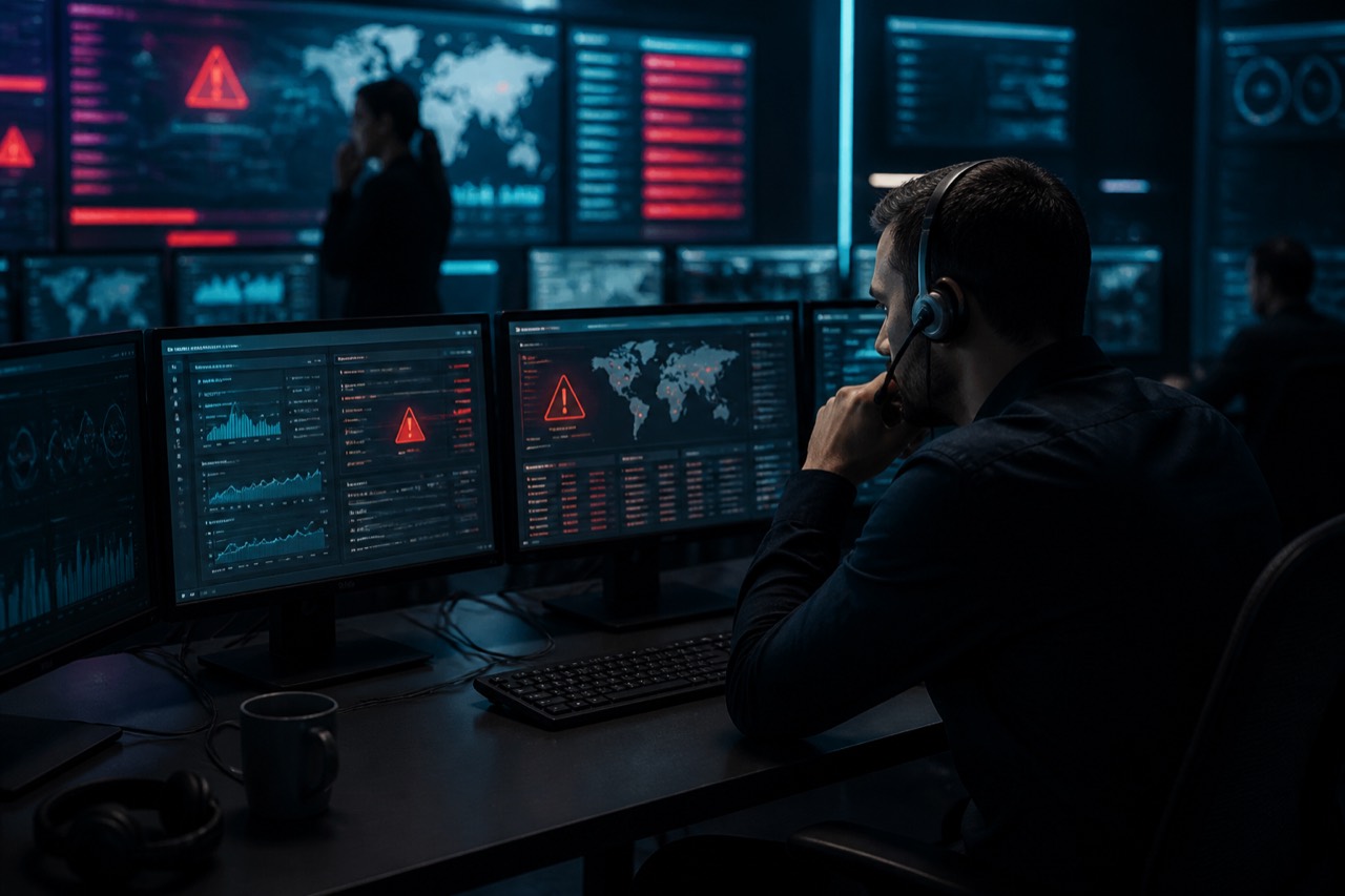 Incident response monitors showing security alerts in an operations room