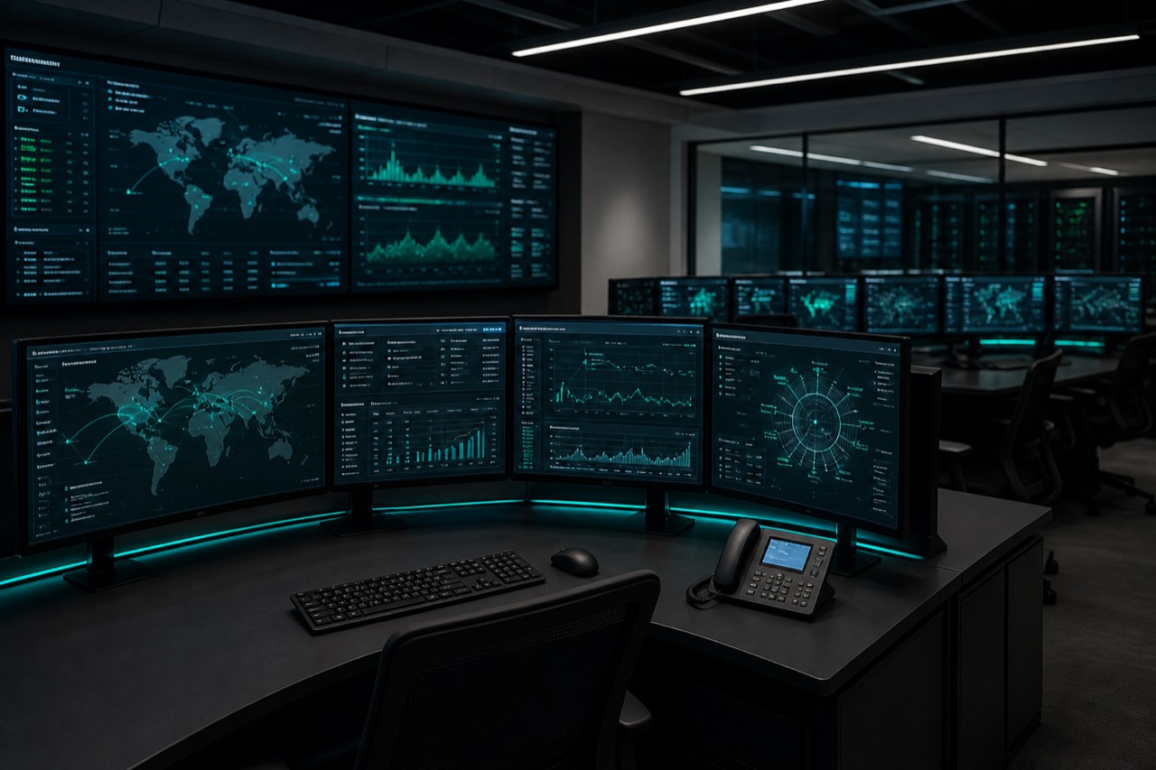 Security operations center with monitors displaying threat dashboards