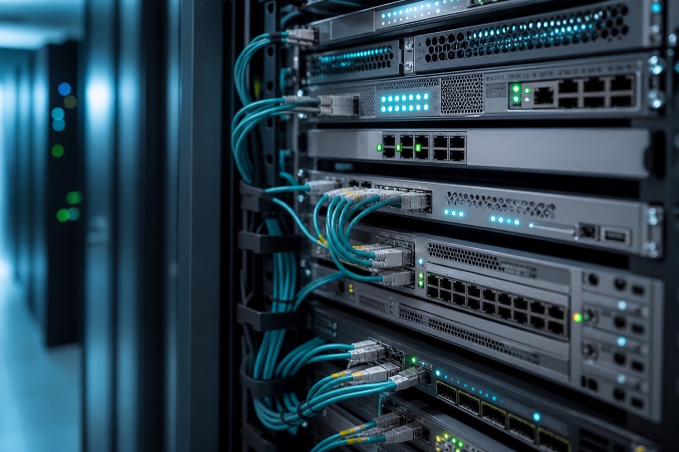 Enterprise network switches and routers in a data center rack
