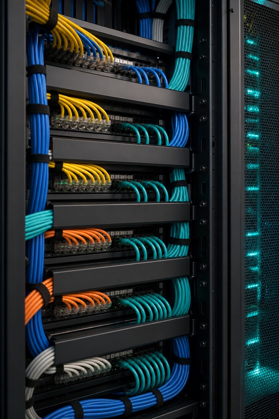 Organized structured cabling and patch panels in a network rack