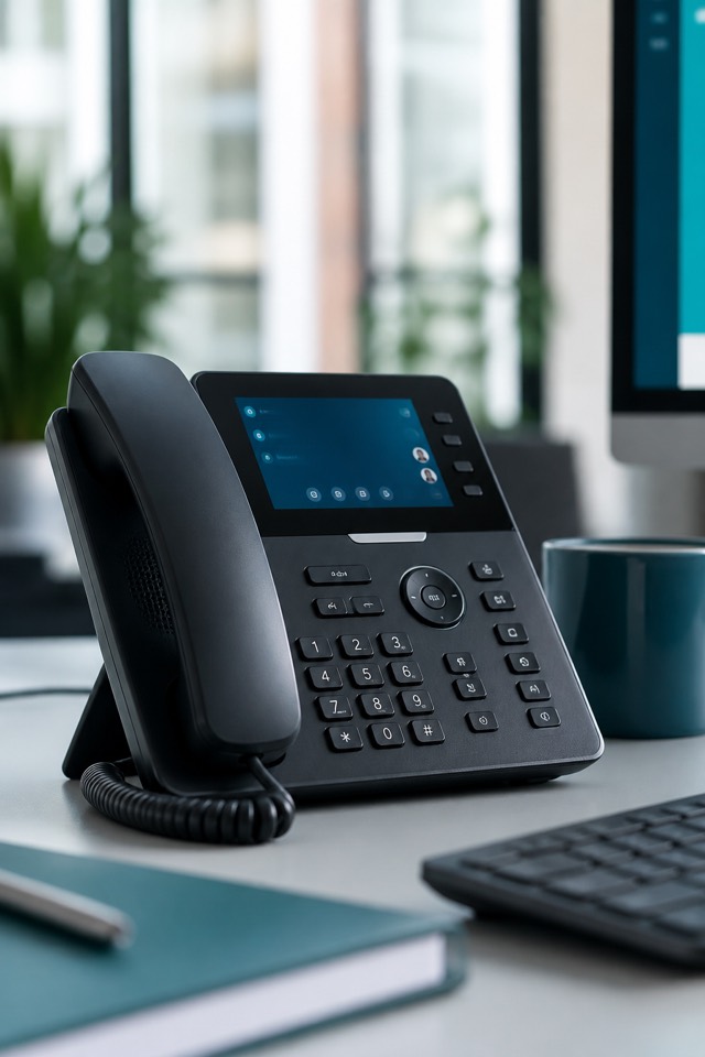 Business professional using an enterprise desk phone for IP telephony