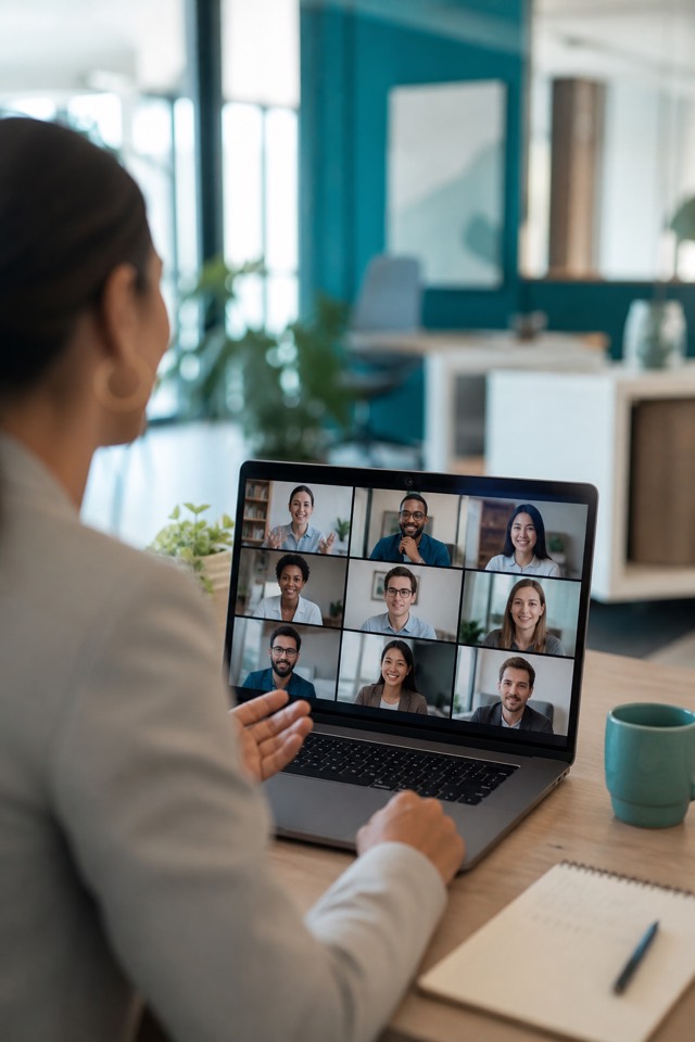 Team collaborating on a video call in a modern office