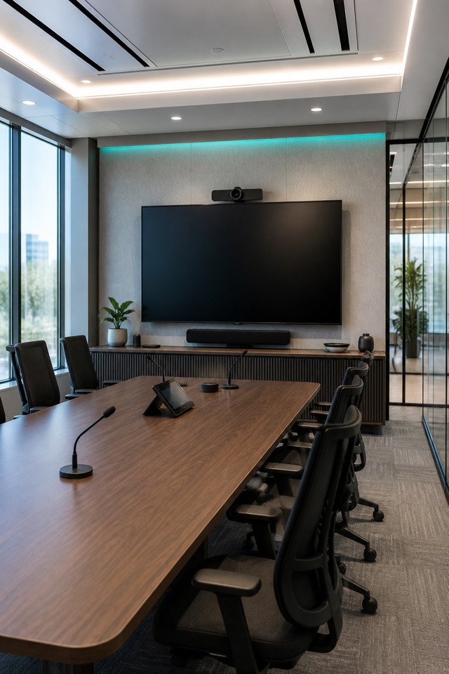 Professional conference room with video conferencing display