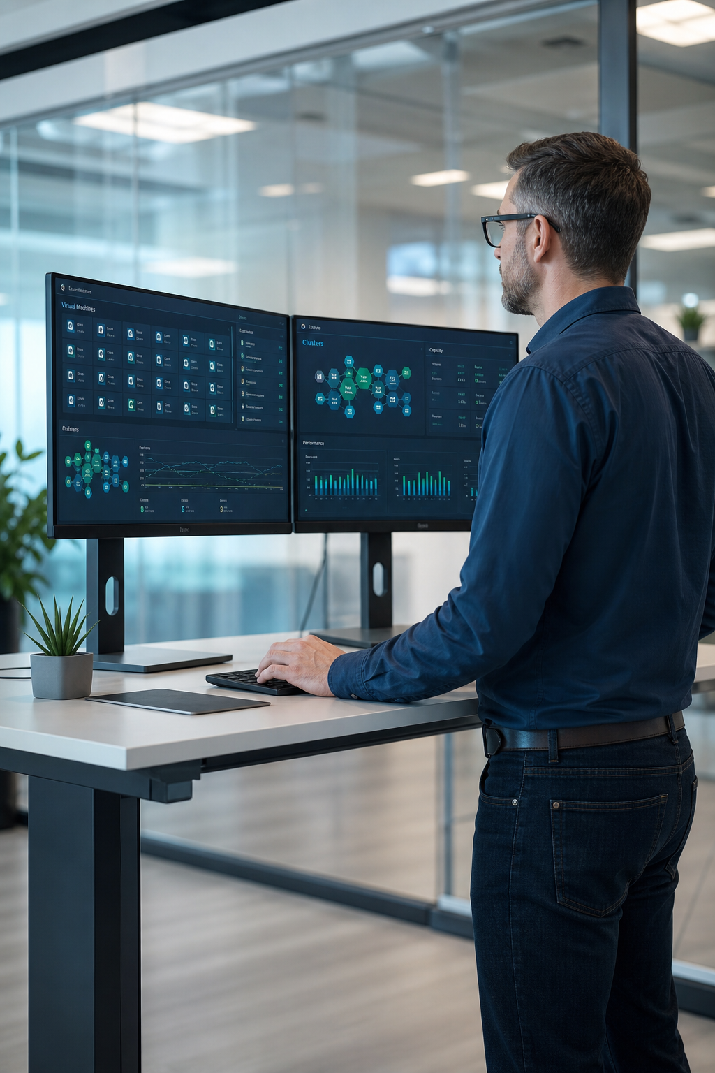 IT consultant reviewing infrastructure dashboards and capacity planning